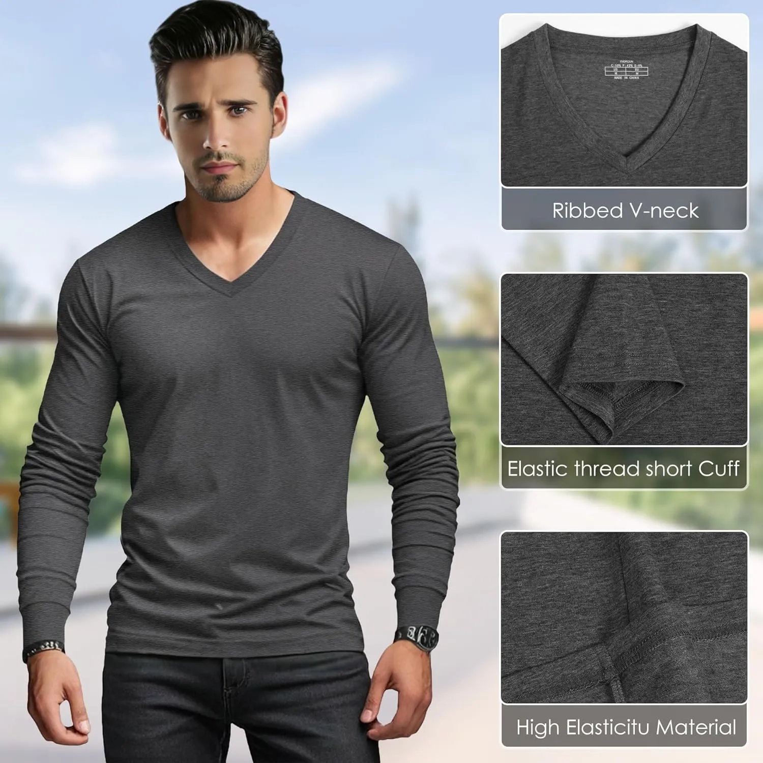 Men's Long Sleeve V-Neck T-Shirt-Cotton Blend Tee Undershirt,Soft Basic Tee for Pajamas,Casual V-Neck T-Shirts 2025