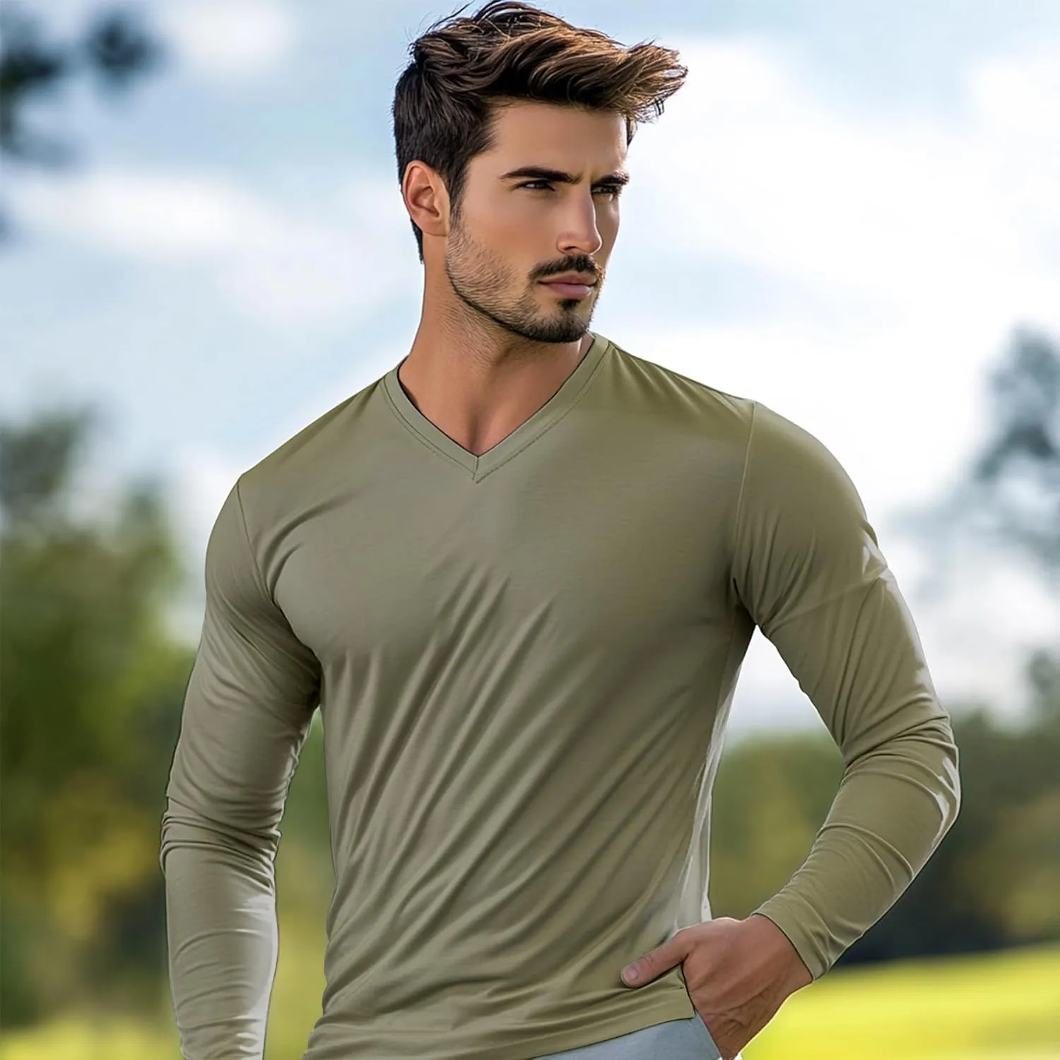 Men's Long Sleeve V-Neck T-Shirt-Cotton Blend Tee Undershirt,Soft Basic Tee for Pajamas,Casual V-Neck T-Shirts 2025