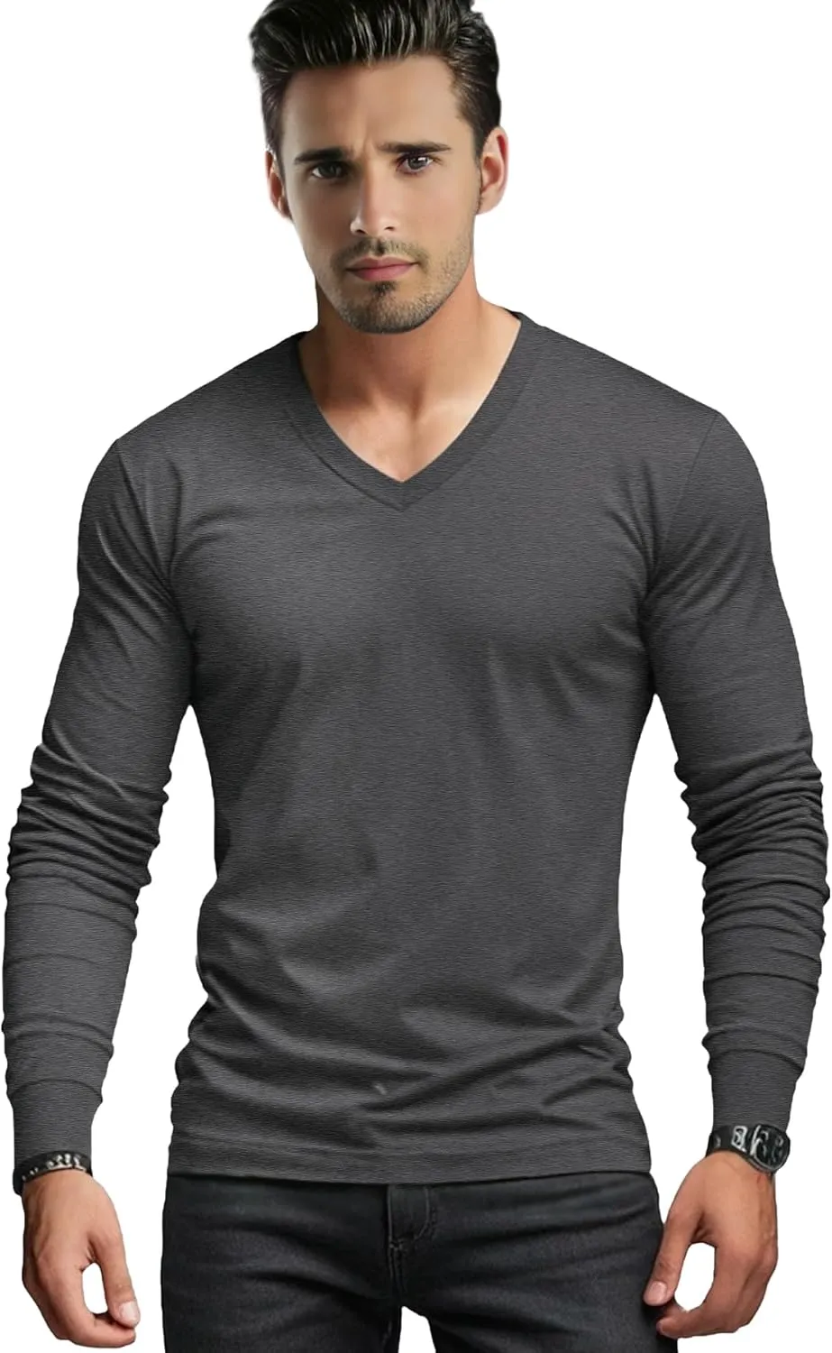 Men's Long Sleeve V-Neck T-Shirt-Cotton Blend Tee Undershirt,Soft Basic Tee for Pajamas,Casual V-Neck T-Shirts 2025