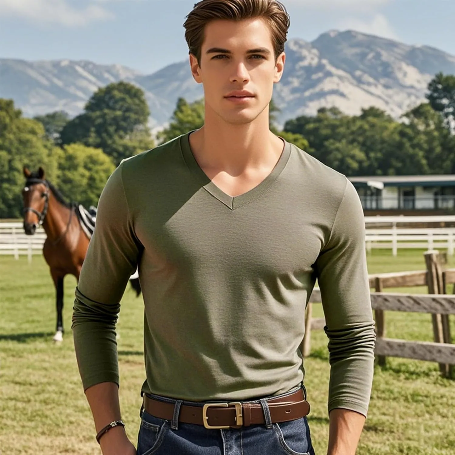 Men's Long Sleeve V-Neck T-Shirt-Cotton Blend Tee Undershirt,Soft Basic Tee for Pajamas,Casual V-Neck T-Shirts 2025