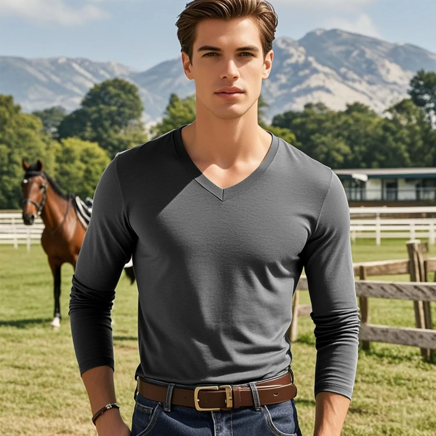 Men's Long Sleeve V-Neck T-Shirt-Cotton Blend Tee Undershirt,Soft Basic Tee for Pajamas,Casual V-Neck T-Shirts 2025