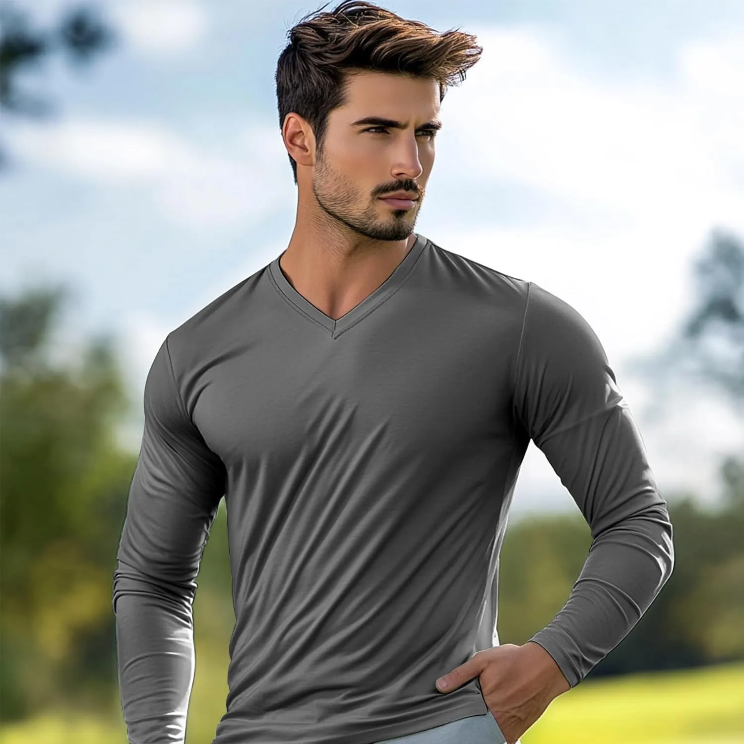 Men's Long Sleeve V-Neck T-Shirt-Cotton Blend Tee Undershirt,Soft Basic Tee for Pajamas,Casual V-Neck T-Shirts 2025
