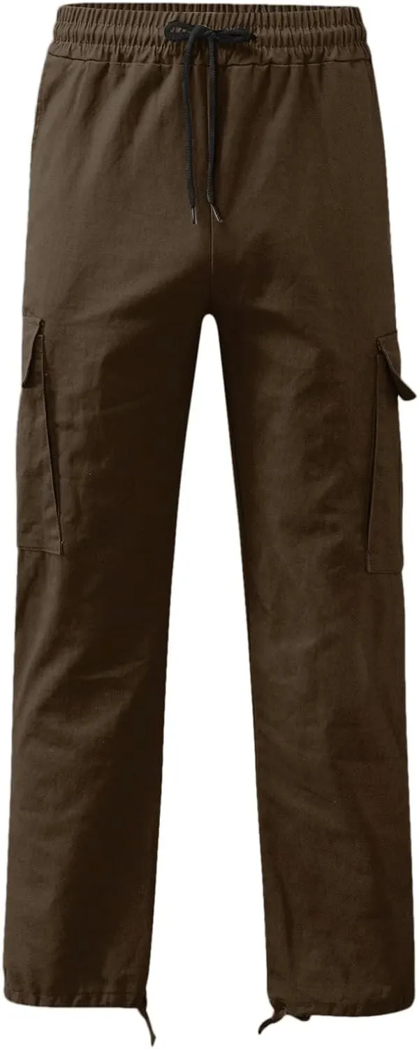 Men's Outdoor Cargo Pant Drawstring Relaxed Fit Solid Pants Hiking Jogger Classic Multi Pockets Fashion Trousers