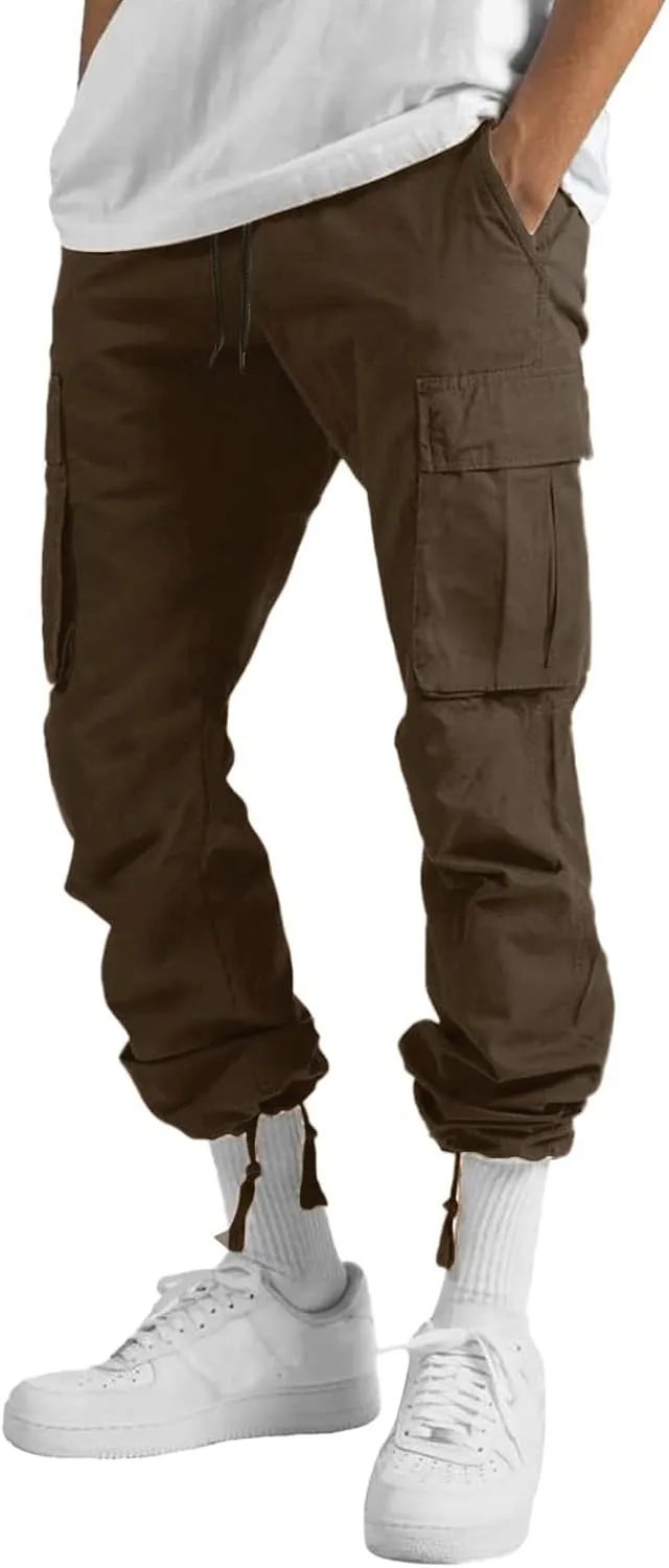 Men's Outdoor Cargo Pant Drawstring Relaxed Fit Solid Pants Hiking Jogger Classic Multi Pockets Fashion Trousers