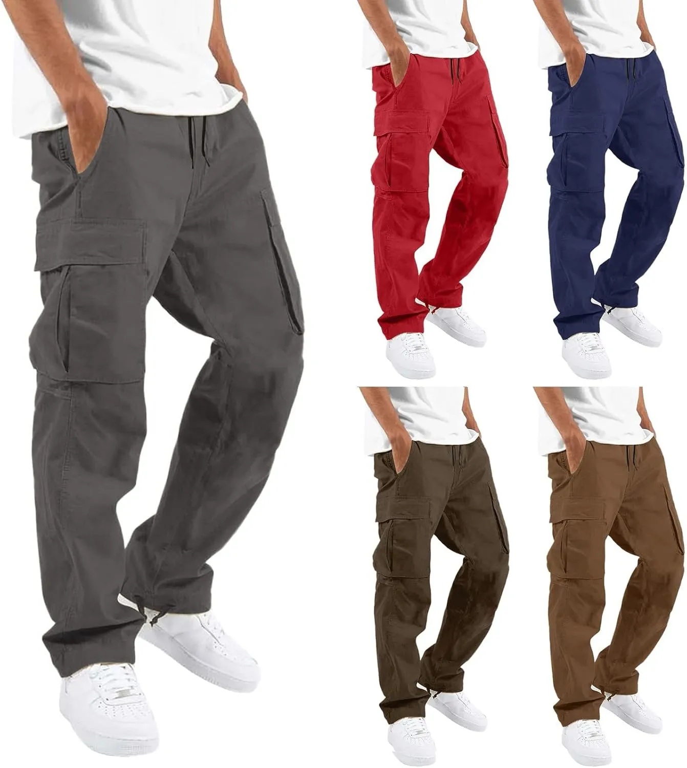 Men's Outdoor Cargo Pant Drawstring Relaxed Fit Solid Pants Hiking Jogger Classic Multi Pockets Fashion Trousers
