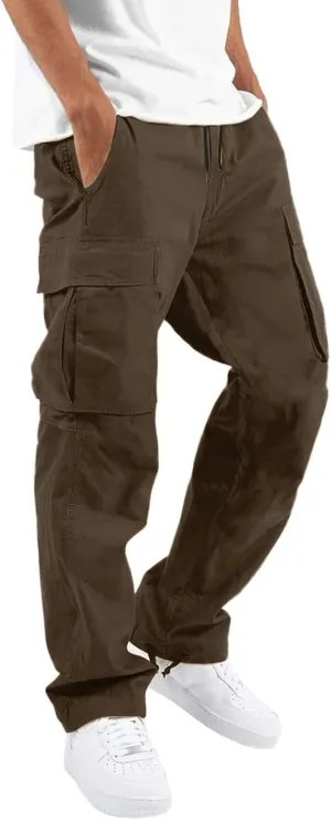 Men's Outdoor Cargo Pant Drawstring Relaxed Fit Solid Pants Hiking Jogger Classic Multi Pockets Fashion Trousers
