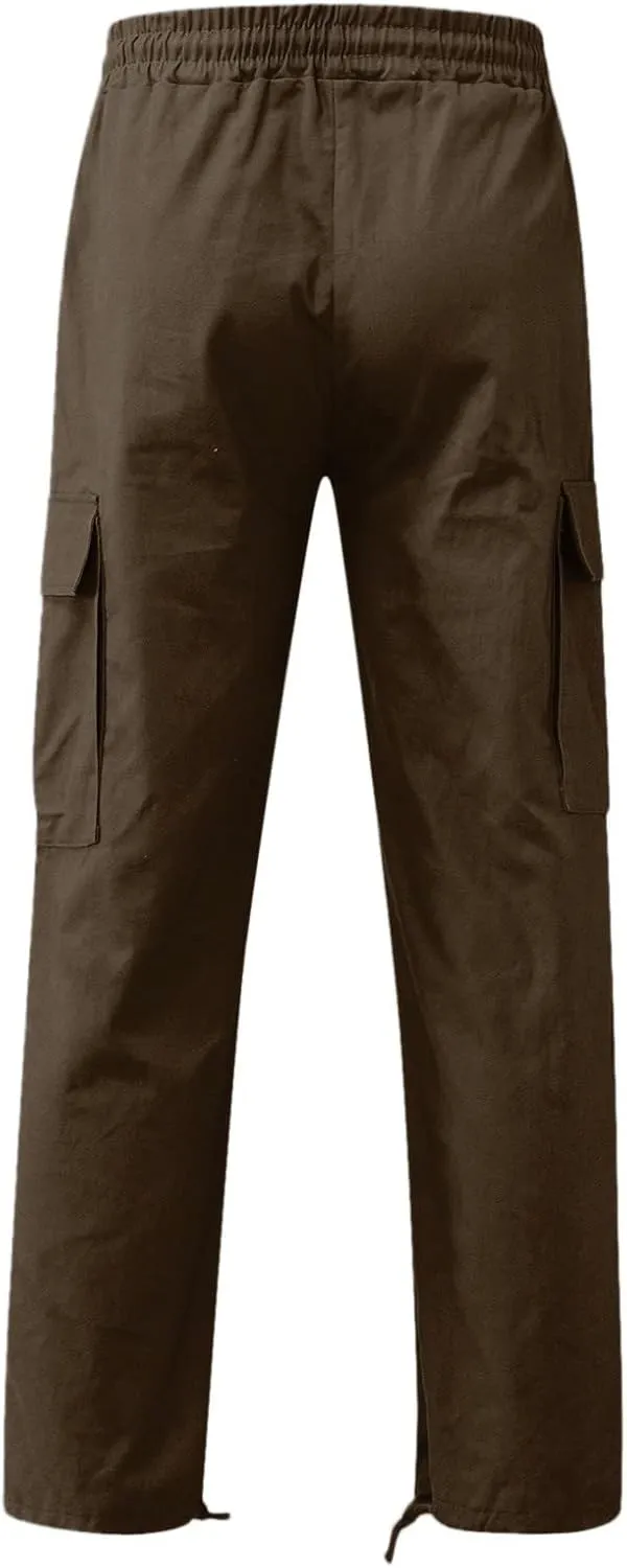 Men's Outdoor Cargo Pant Drawstring Relaxed Fit Solid Pants Hiking Jogger Classic Multi Pockets Fashion Trousers