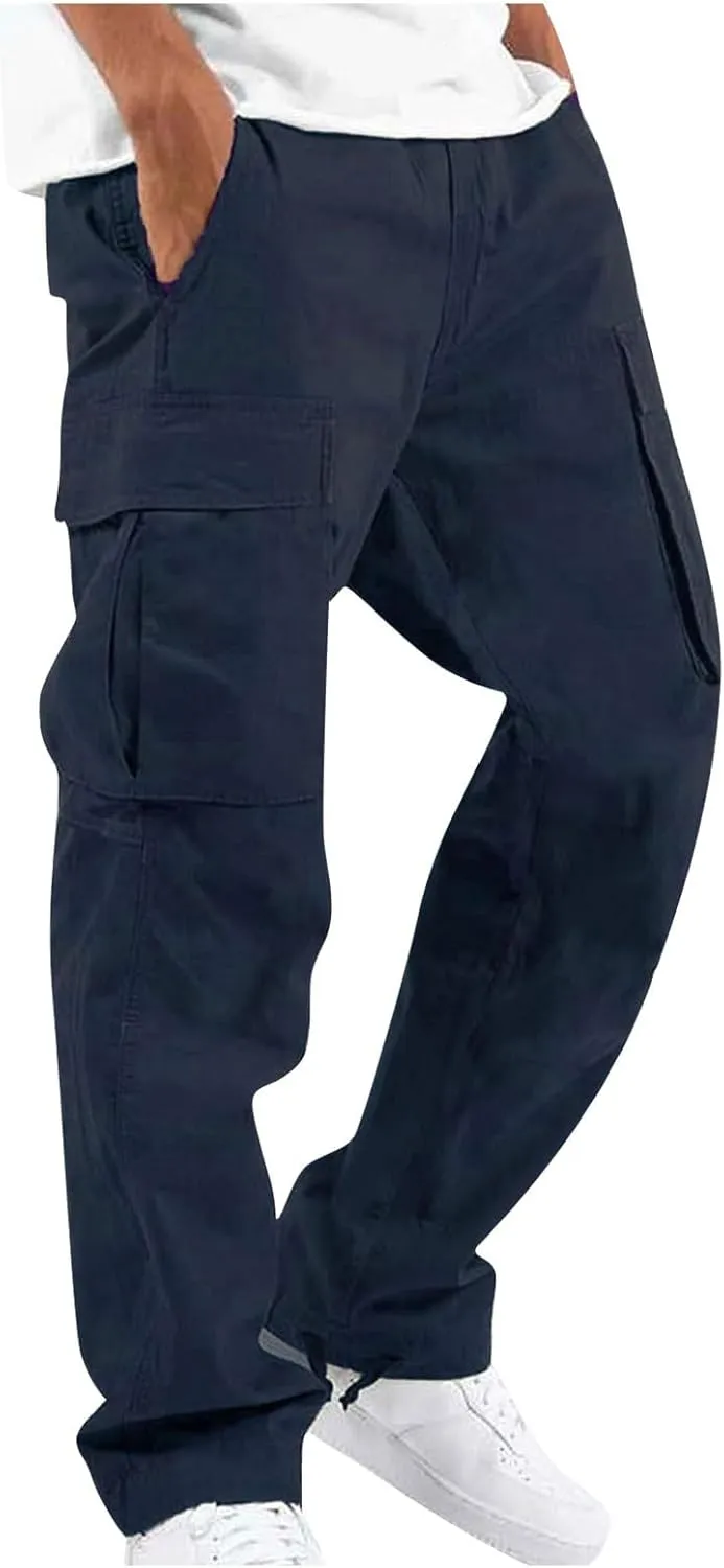 Mens Outdoor Cargo Pants Lightweight Relaxed Fit Tactical Pants Solid Camo Multi Pockets Classic Trousers