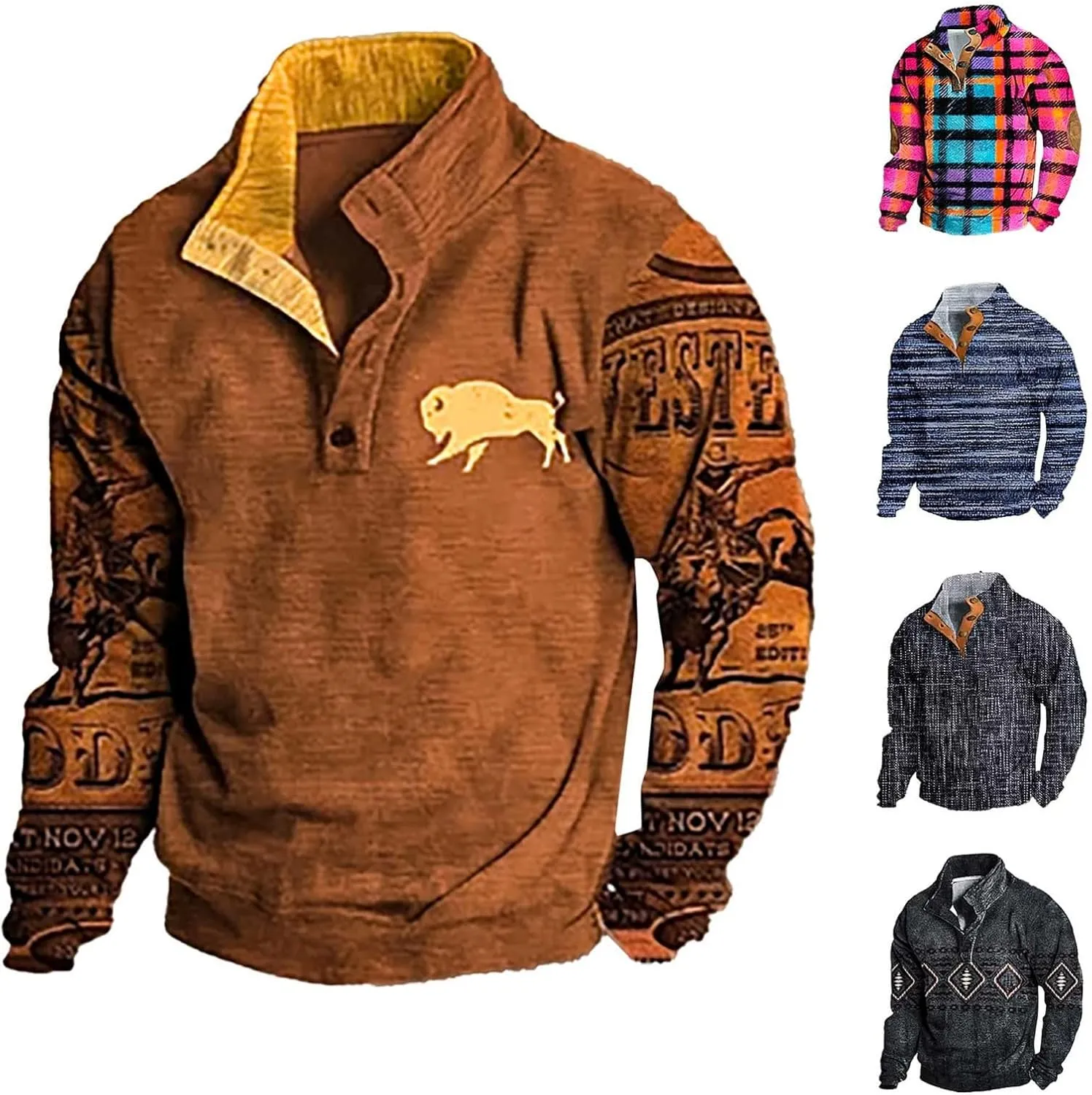 Men's Quarter Button Pullover Sweatshirt 3D Print Corduroy Pullover Long Sleeve Elbow Patch Sweater Sweatshirt