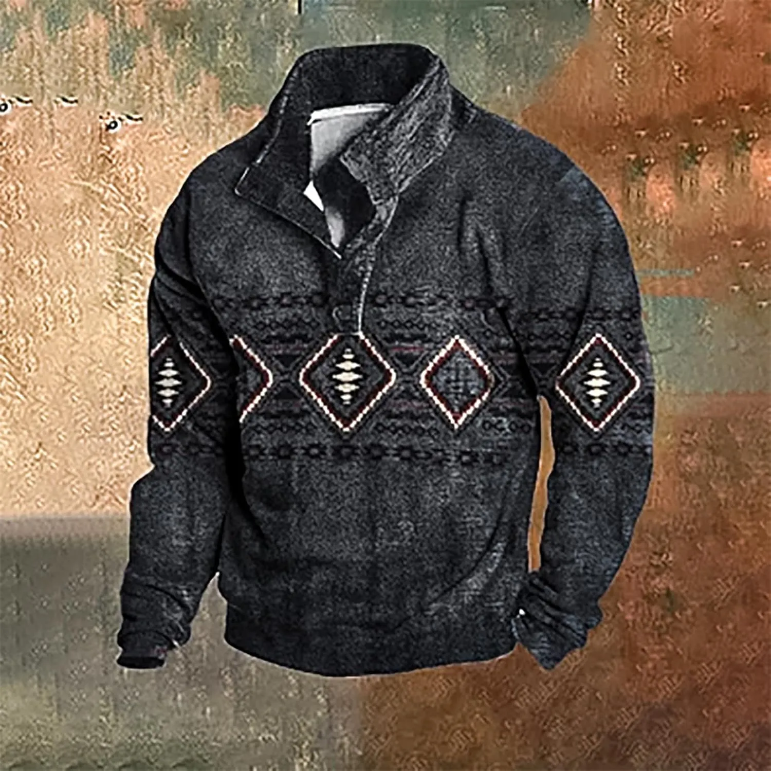 Men's Quarter Button Pullover Sweatshirt 3D Print Corduroy Pullover Long Sleeve Elbow Patch Sweater Sweatshirt