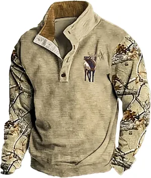 Men's Quarter Button Pullover Sweatshirt 3D Print Corduroy Pullover Long Sleeve Elbow Patch Sweater Sweatshirt