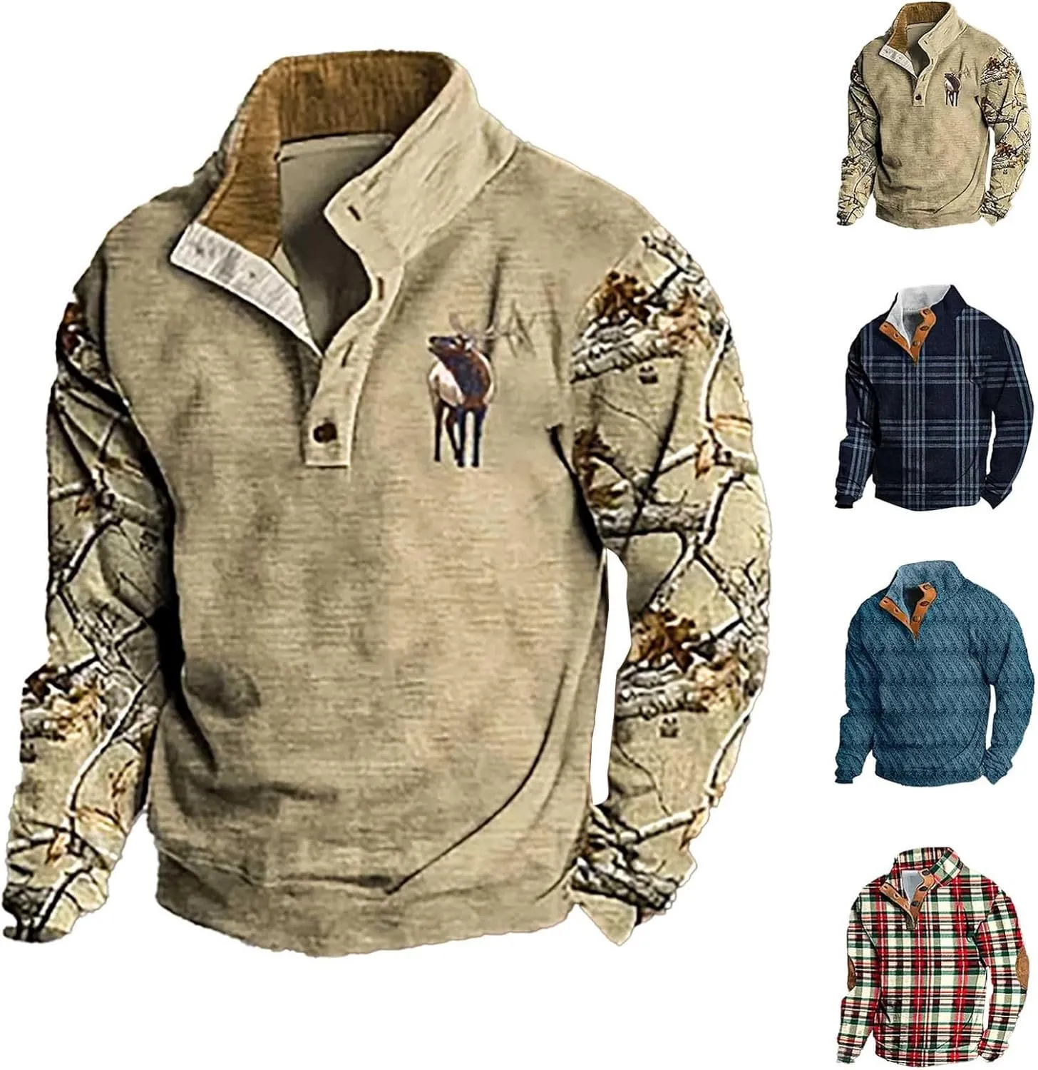 Men's Quarter Button Pullover Sweatshirt 3D Print Corduroy Pullover Long Sleeve Elbow Patch Sweater Sweatshirt