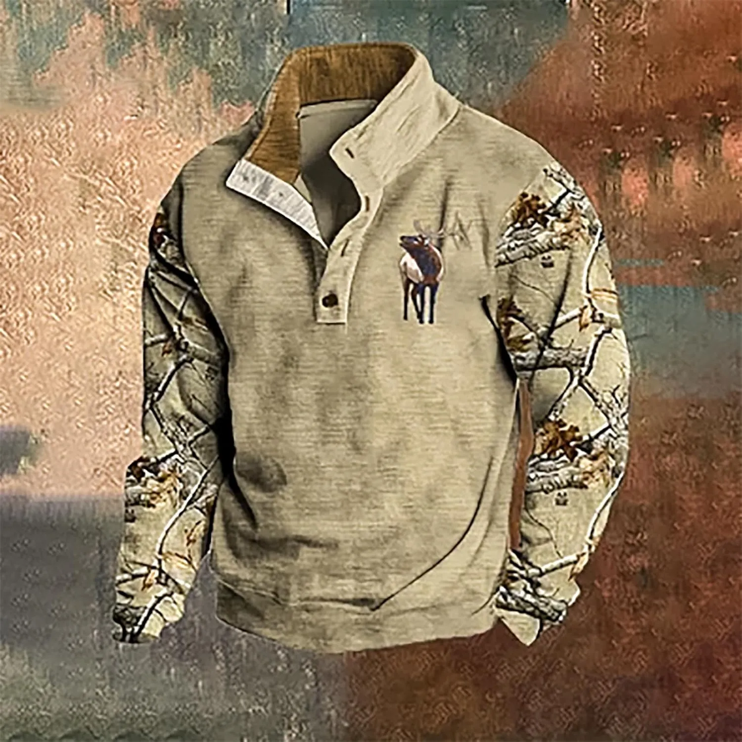 Men's Quarter Button Pullover Sweatshirt 3D Print Corduroy Pullover Long Sleeve Elbow Patch Sweater Sweatshirt