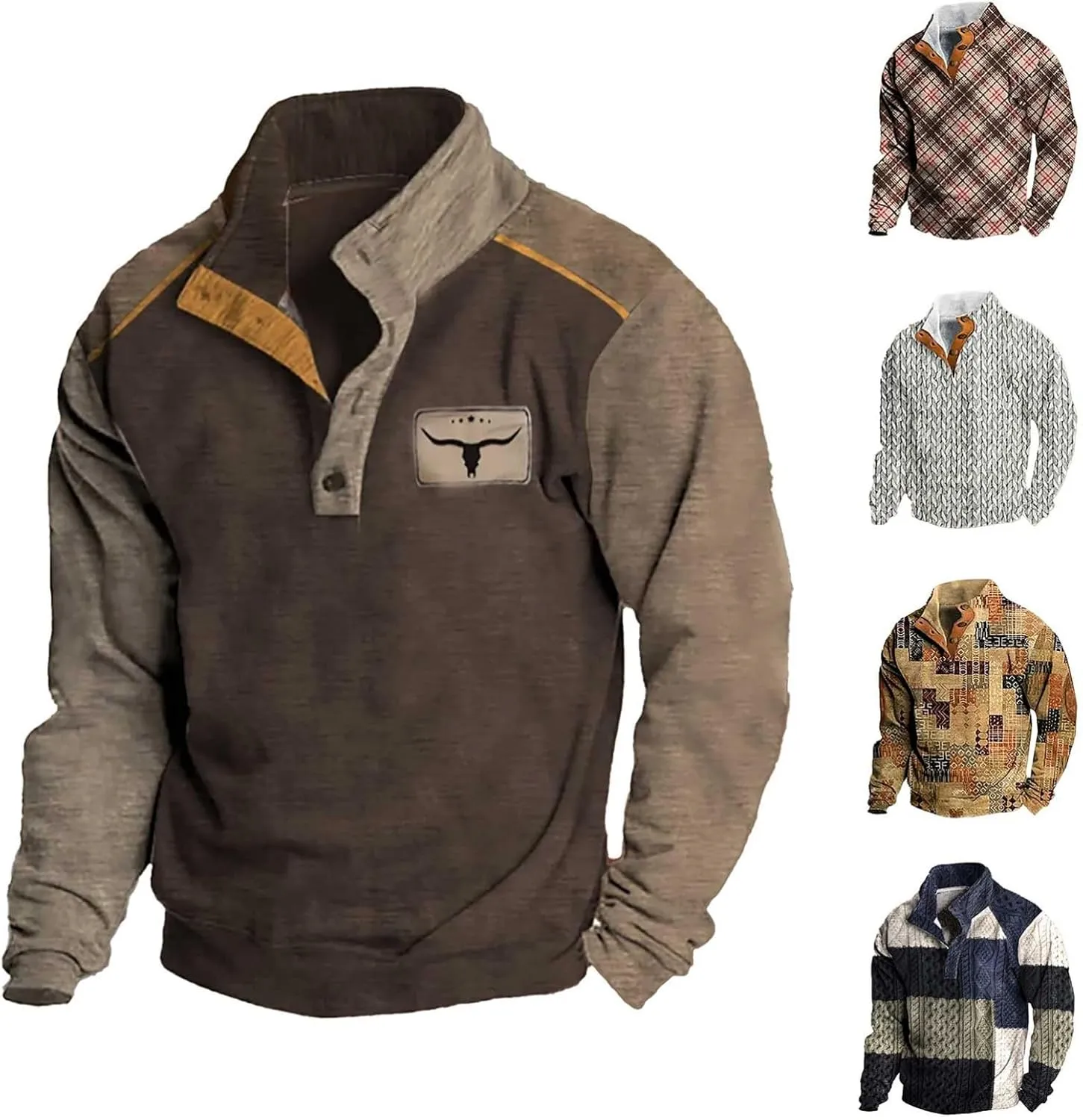 Men's Quarter Button Pullover Sweatshirt 3D Print Corduroy Pullover Long Sleeve Elbow Patch Sweater Sweatshirt