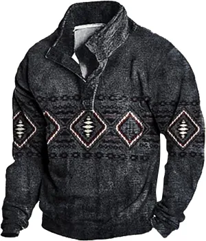 Men's Quarter Button Pullover Sweatshirt 3D Print Corduroy Pullover Long Sleeve Elbow Patch Sweater Sweatshirt