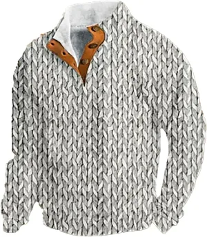 Men's Quarter Button Pullover Sweatshirt 3D Print Corduroy Pullover Long Sleeve Elbow Patch Sweater Sweatshirt