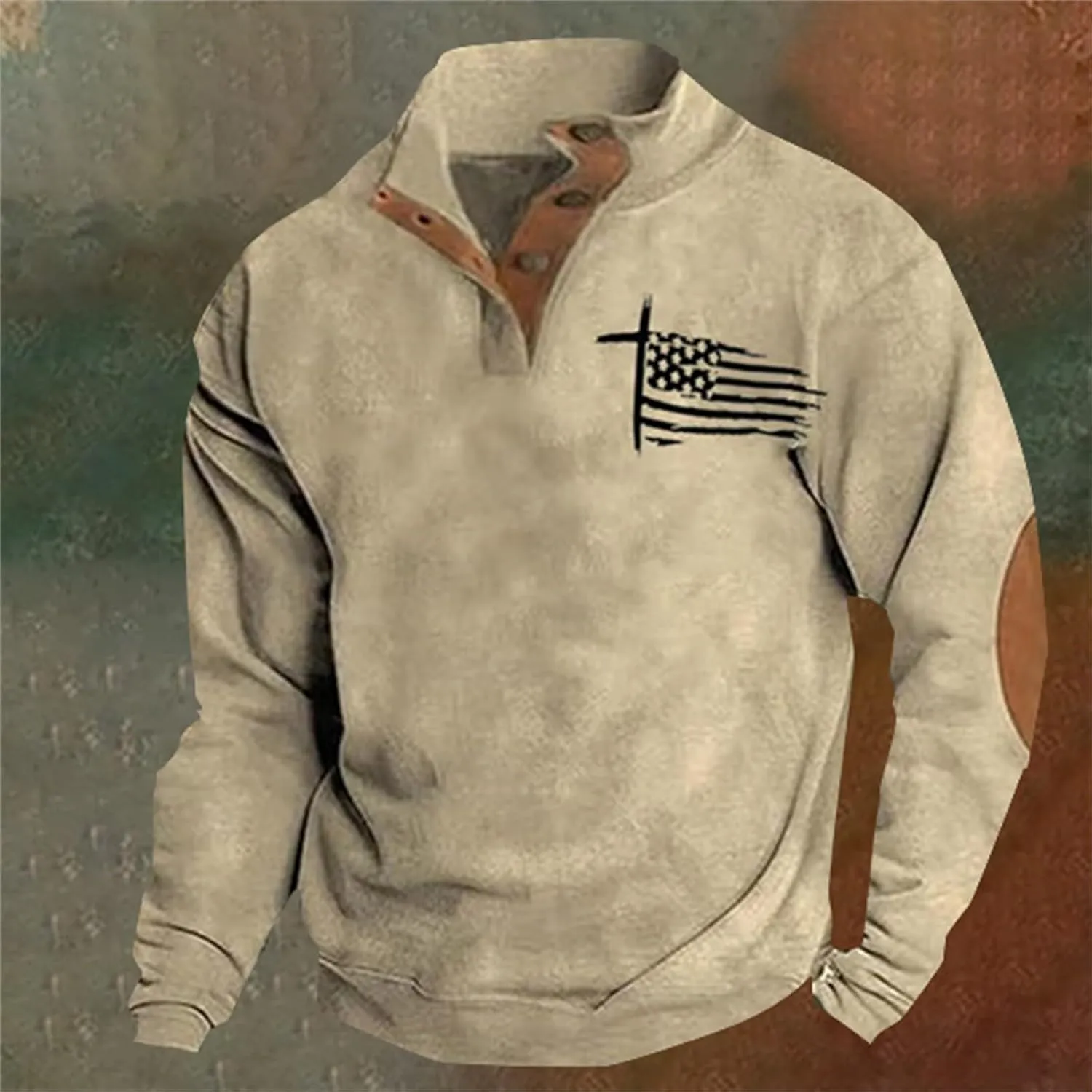 Men's Quarter Button Sweatshirt Vintage American Flag Graphic Long Sleeve Stand Collar Patchwork Pullover Sweaters