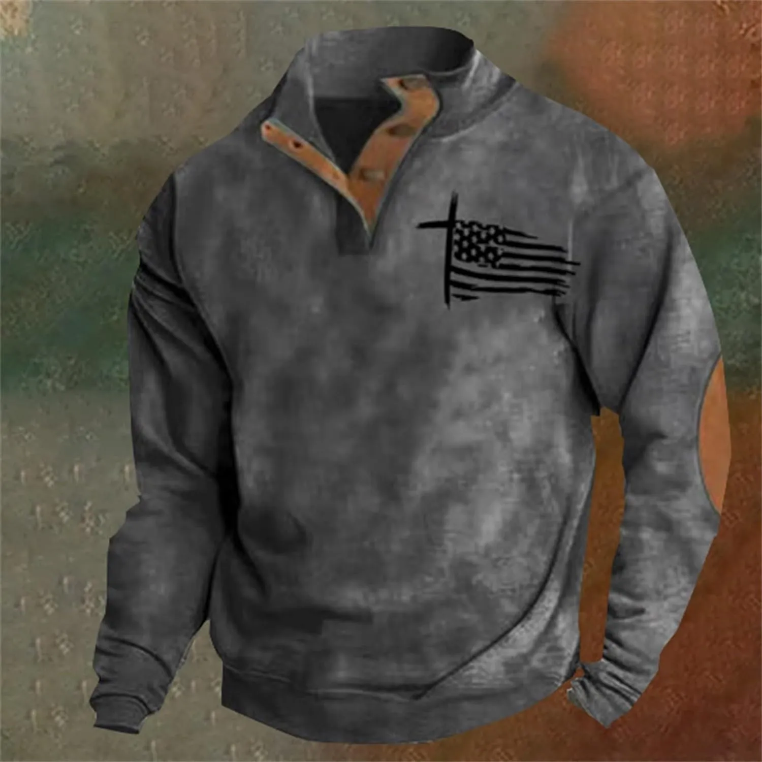 Men's Quarter Button Sweatshirt Vintage American Flag Graphic Long Sleeve Stand Collar Patchwork Pullover Sweaters