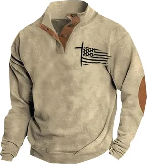 Men's Quarter Button Sweatshirt Vintage American Flag Graphic Long Sleeve Stand Collar Patchwork Pullover Sweaters