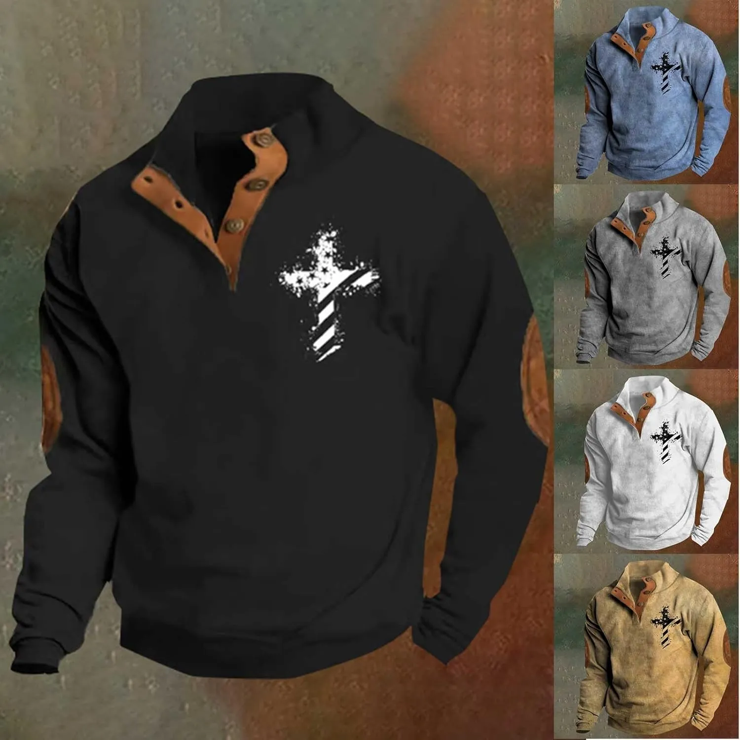 Men's Quarter Button Sweatshirt Vintage American Flag Graphic Long Sleeve Stand Collar Patchwork Pullover Sweaters