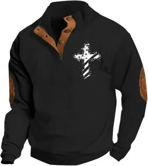 Men's Quarter Button Sweatshirt Vintage American Flag Graphic Long Sleeve Stand Collar Patchwork Pullover Sweaters