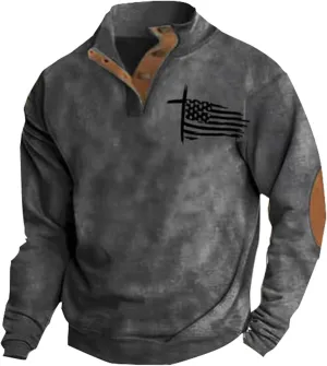 Men's Quarter Button Sweatshirt Vintage American Flag Graphic Long Sleeve Stand Collar Patchwork Pullover Sweaters