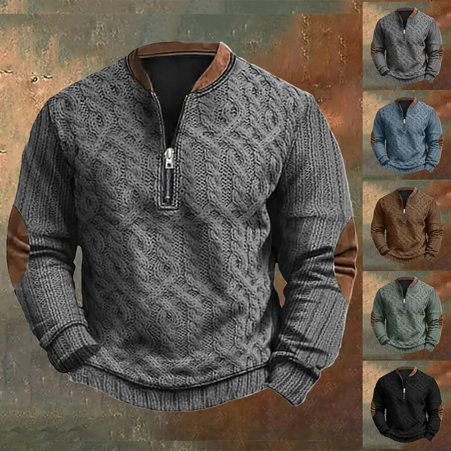 Men's Quarter Zip Pullover Vintage 3D Print Sweatshirt Pullover Long Sleeve Stand Collar Sweater Western Sweatshirts