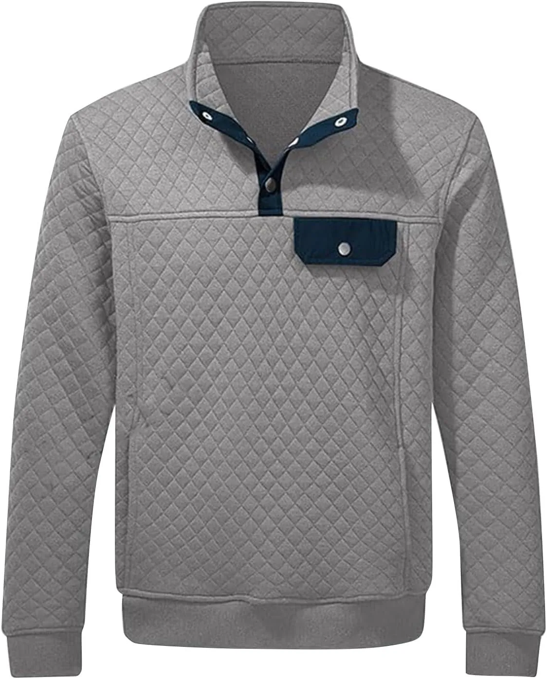 Men's Quilted Sweatshirt Fall Casual Long Sleeve Outdoor Stand Collar Button Pullover Sweatshirts with Pockets