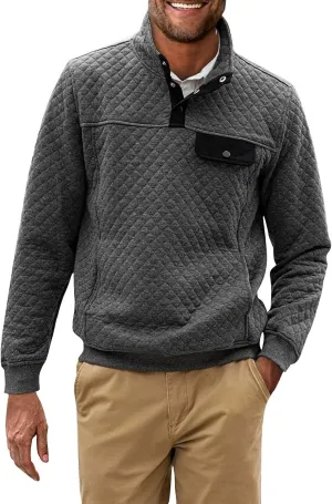 Men's Quilted Sweatshirt Fall Casual Long Sleeve Outdoor Stand Collar Button Pullover Sweatshirts with Pockets
