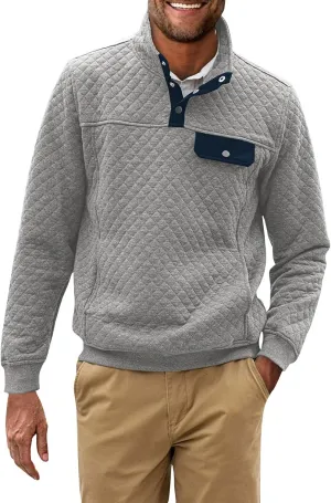 Men's Quilted Sweatshirt Fall Casual Long Sleeve Outdoor Stand Collar Button Pullover Sweatshirts with Pockets