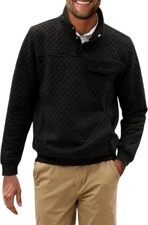 Men's Quilted Sweatshirt Fall Casual Long Sleeve Outdoor Stand Collar Button Pullover Sweatshirts with Pockets