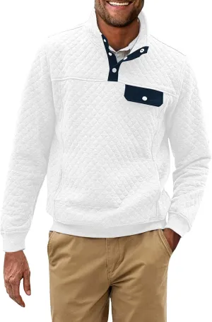 Men's Quilted Sweatshirt Fall Casual Long Sleeve Outdoor Stand Collar Button Pullover Sweatshirts with Pockets