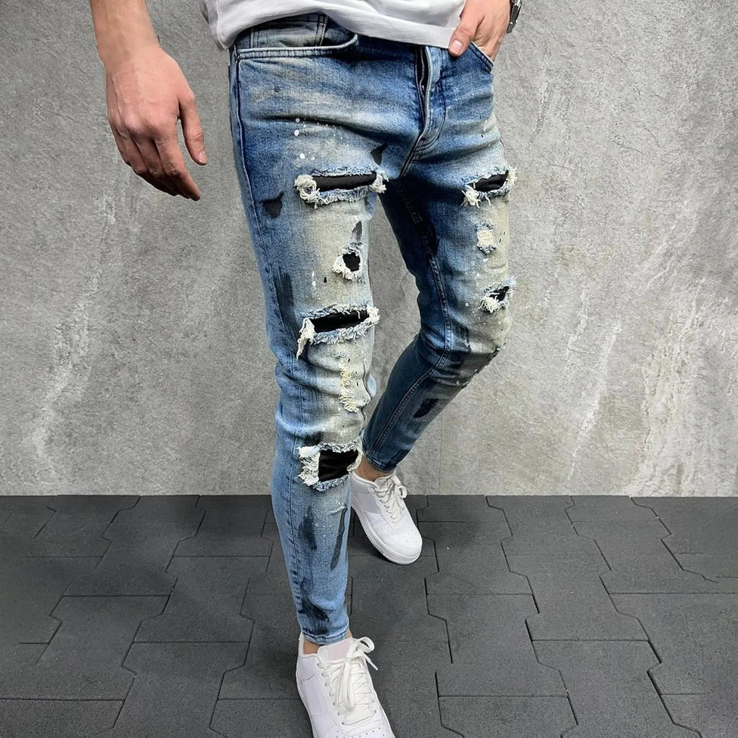 Men's Ripped Skinny Outdoor Jeans Casual Distressed Tapered Denim Pants Classic Vintage Biker Jeans Trouser