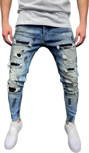 Men's Ripped Skinny Outdoor Jeans Casual Distressed Tapered Denim Pants Classic Vintage Biker Jeans Trouser