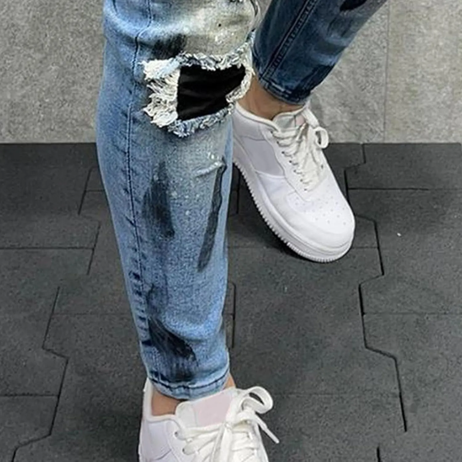 Men's Ripped Skinny Outdoor Jeans Casual Distressed Tapered Denim Pants Classic Vintage Biker Jeans Trouser