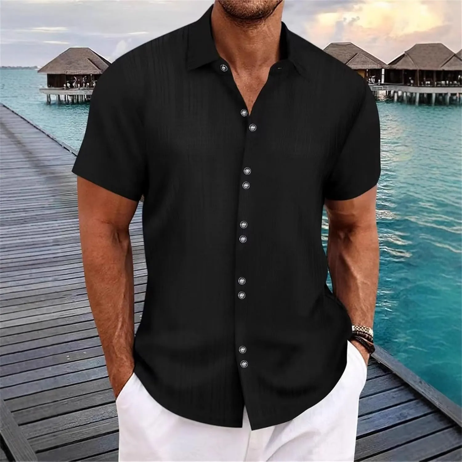 Men's Short Sleeve Button Down Shirt Summer Casual Lightweight Hipster Beach Wedding Shirts Stylish Hawaiian Tops
