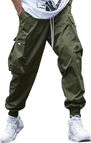 Men's Streetwear Cargo Pants Casual Drawstring Elastic Waist Baggy Sweatpants Techwear Joggers with Flap Pockets
