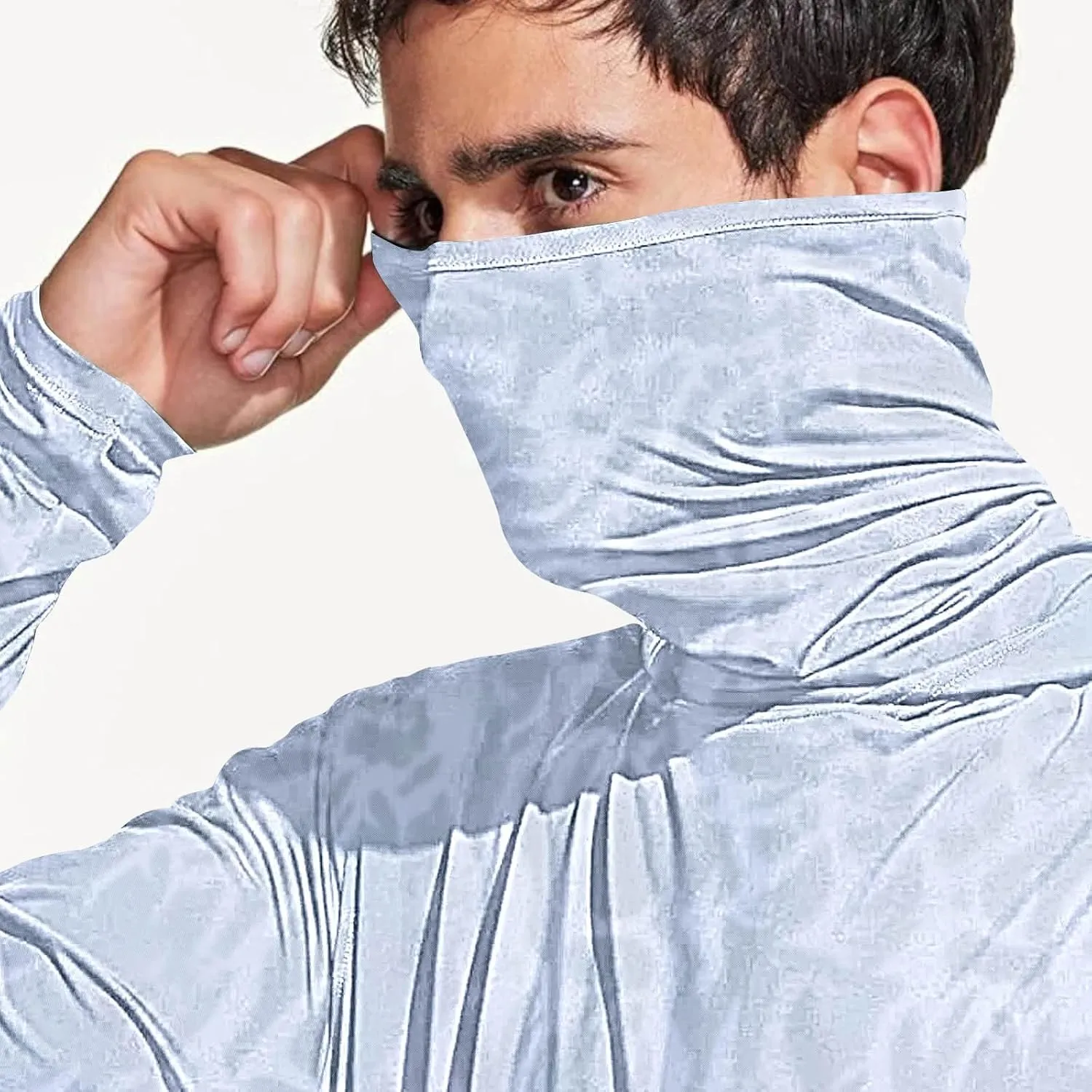 Men's UPF 50  Fishing Hoodie Shirts SPF UV Sun Shirts with Gaiter Rash Guard Long Sleeve Outdoor Hiking Swim T-Shirts