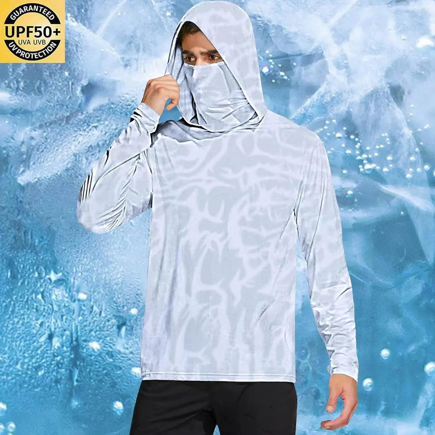 Men's UPF 50  Fishing Hoodie Shirts SPF UV Sun Shirts with Gaiter Rash Guard Long Sleeve Outdoor Hiking Swim T-Shirts