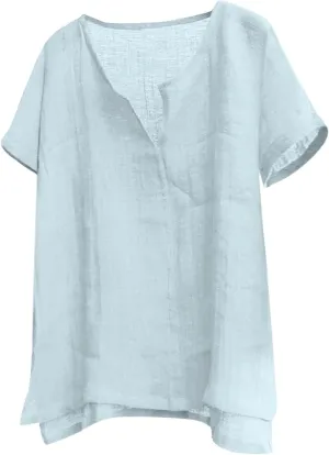 Mens V-Neck Henley Shirt Short Sleeve Collarless T Shirt Cotton Linen Solid Color Shirts Plus Size Fit Flowy Beach Tops