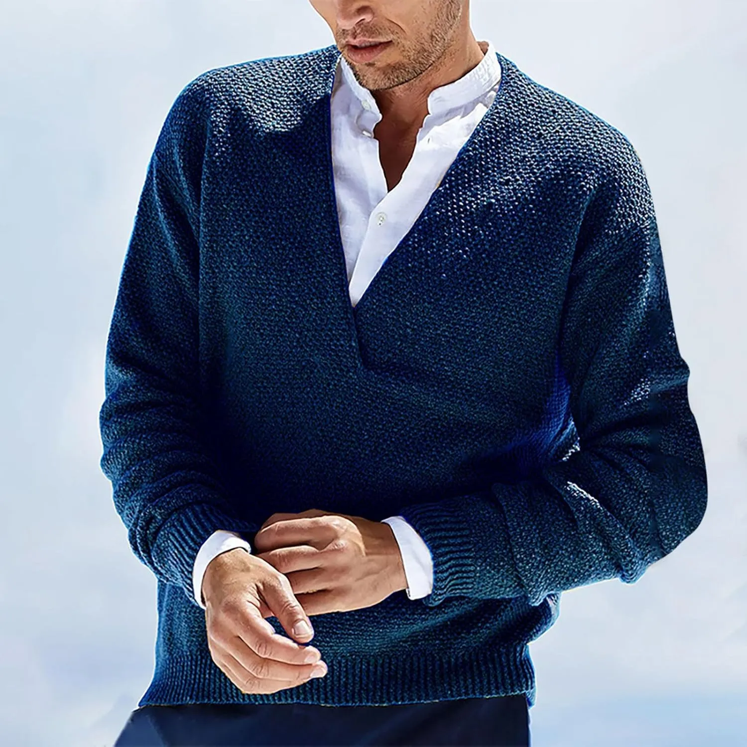 Mens V Neck Sweaters Lightweight Casual Ribbing Cuff Knit Pullover Formal Banded Bottom Long Sleeve Dress Sweater