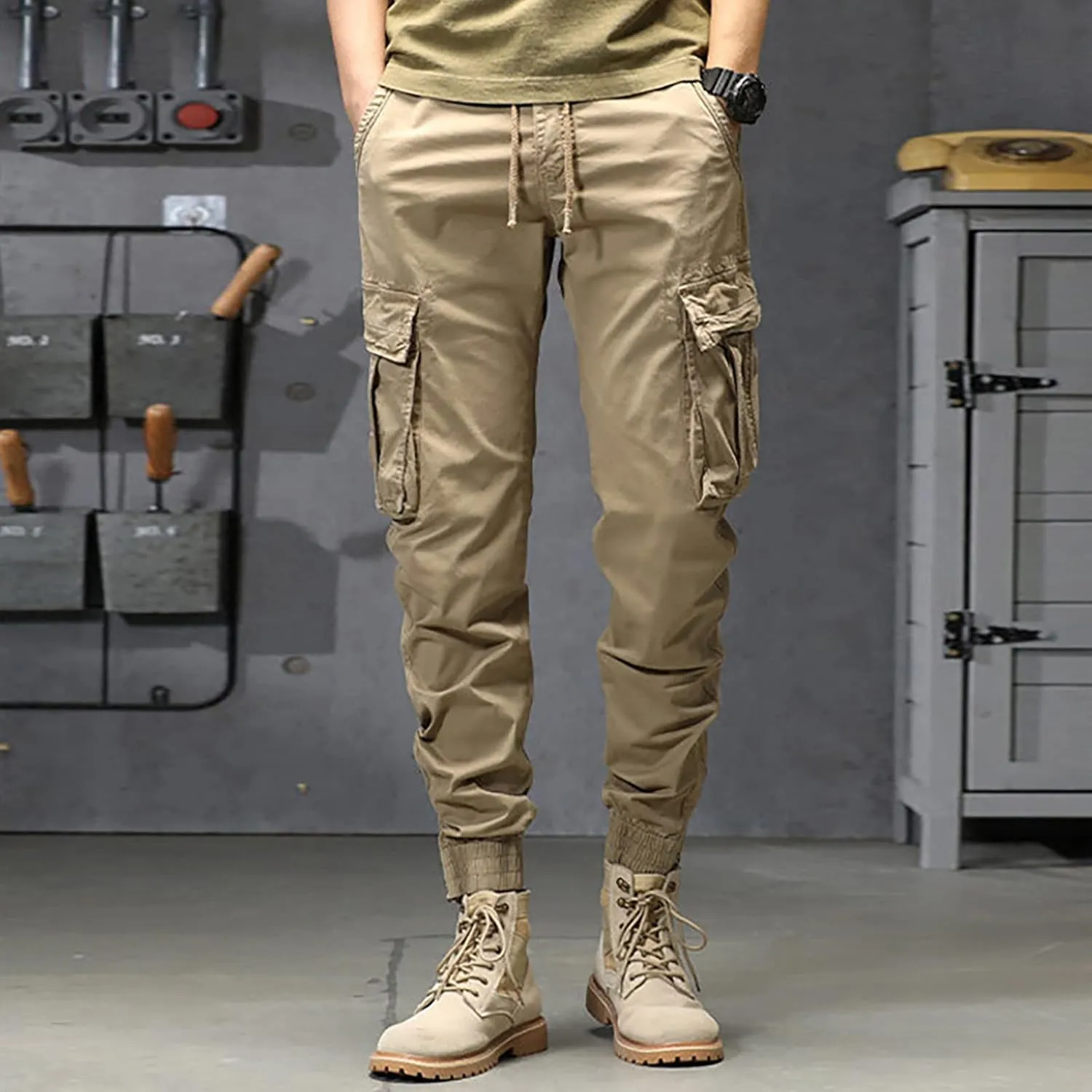 Mens Workout Cargo Sweatpants Heavy Weight Cotton Fleece Sweatpants Open Bottom Elastic Waist Drawstring with Pockets