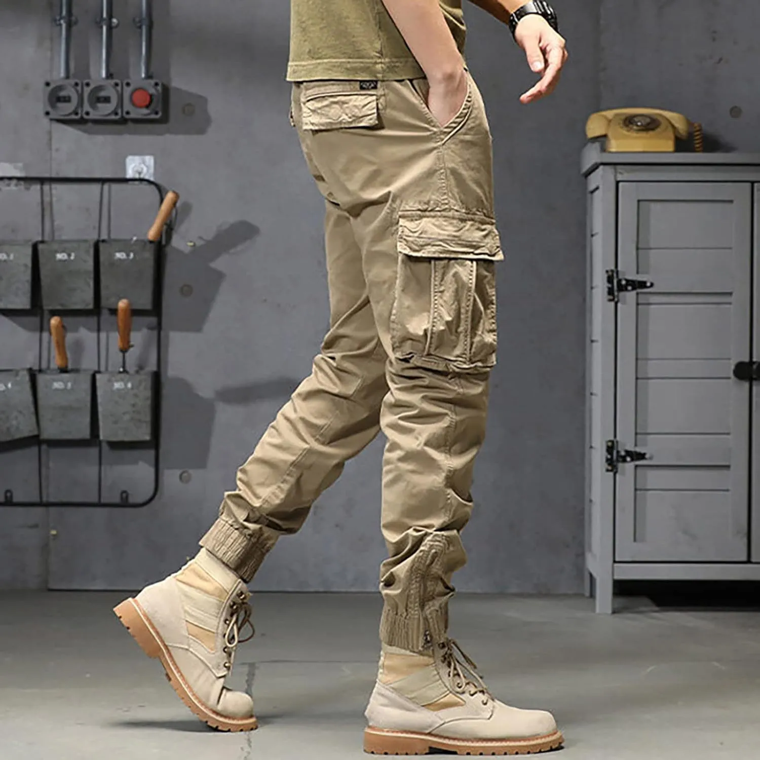 Mens Workout Cargo Sweatpants Heavy Weight Cotton Fleece Sweatpants Open Bottom Elastic Waist Drawstring with Pockets