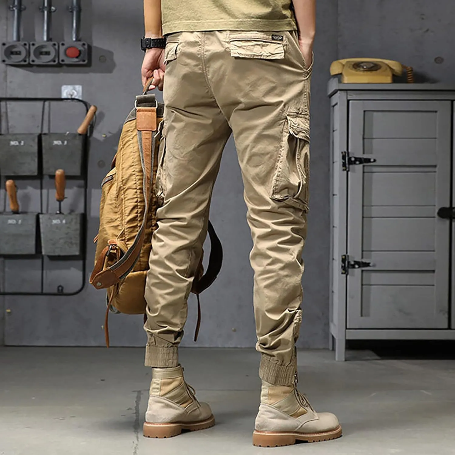 Mens Workout Cargo Sweatpants Heavy Weight Cotton Fleece Sweatpants Open Bottom Elastic Waist Drawstring with Pockets