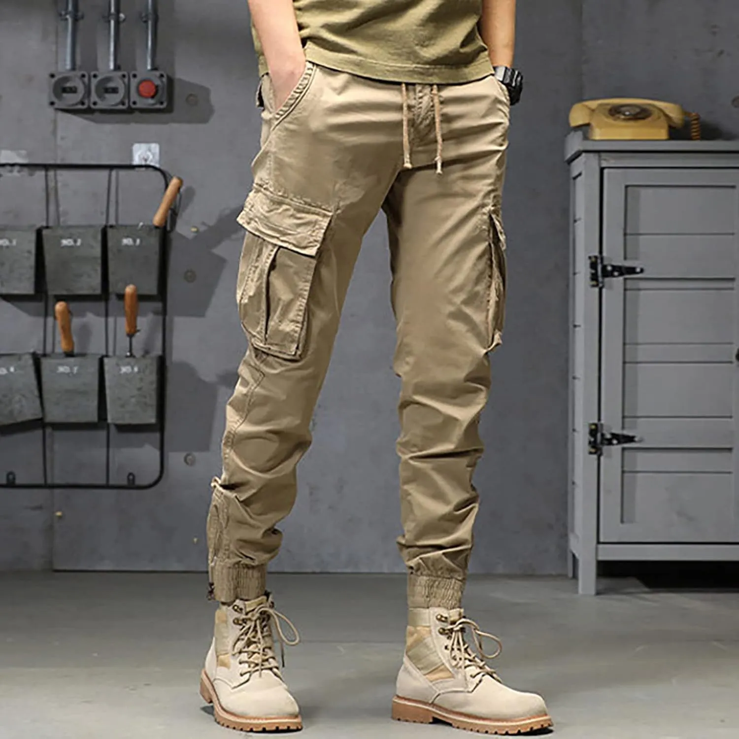 Mens Workout Cargo Sweatpants Heavy Weight Cotton Fleece Sweatpants Open Bottom Elastic Waist Drawstring with Pockets