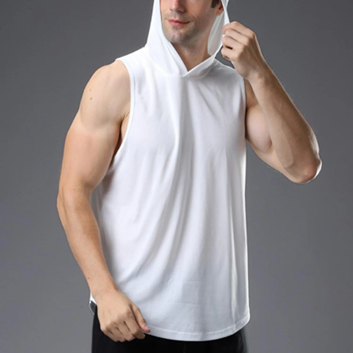 Men's Workout Hooded Tank Tops Sleeveles Bodybuilding Muscle Cut Off Shirt Vests Athletic Gym Workout Hoodies T-Shirt