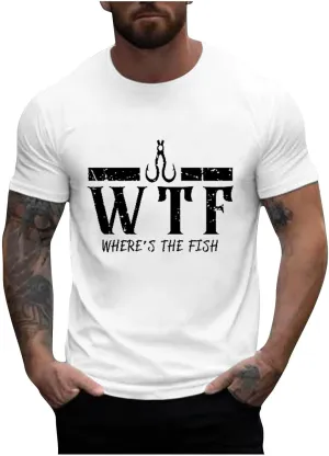 Men's WTF Where's The Fish T-Shirt Short Sleeve Graphic Tees Summer Funny Fishing Gifts Tops for Father's Day
