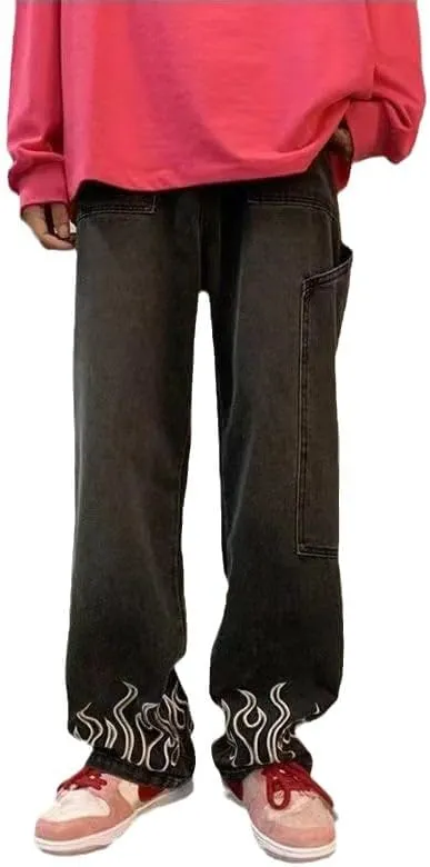 Men's Y2K Flame Pattern Wide Leg Jeans Casual Hip Hop Aesthetic Denim Pants Baggy Straight Leg Relaxed Fit Trousers (Black,L)