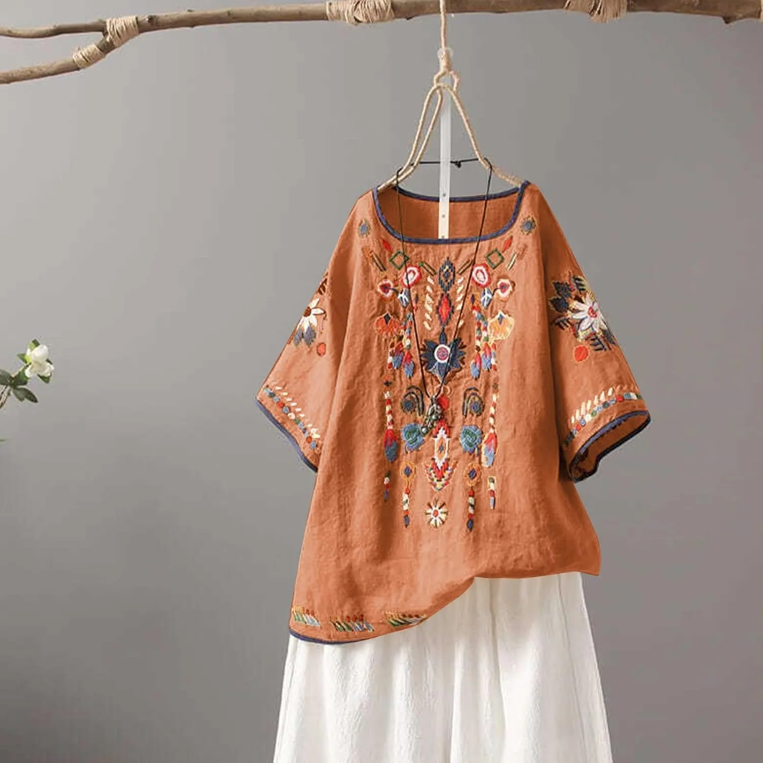 Mexican Embroidered Shirts for Women Boho Tops Loose Short Sleeve Bohemian Blouses Peasant Summer Outfits