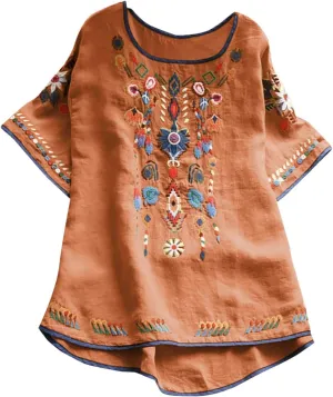 Mexican Embroidered Shirts for Women Boho Tops Loose Short Sleeve Bohemian Blouses Peasant Summer Outfits